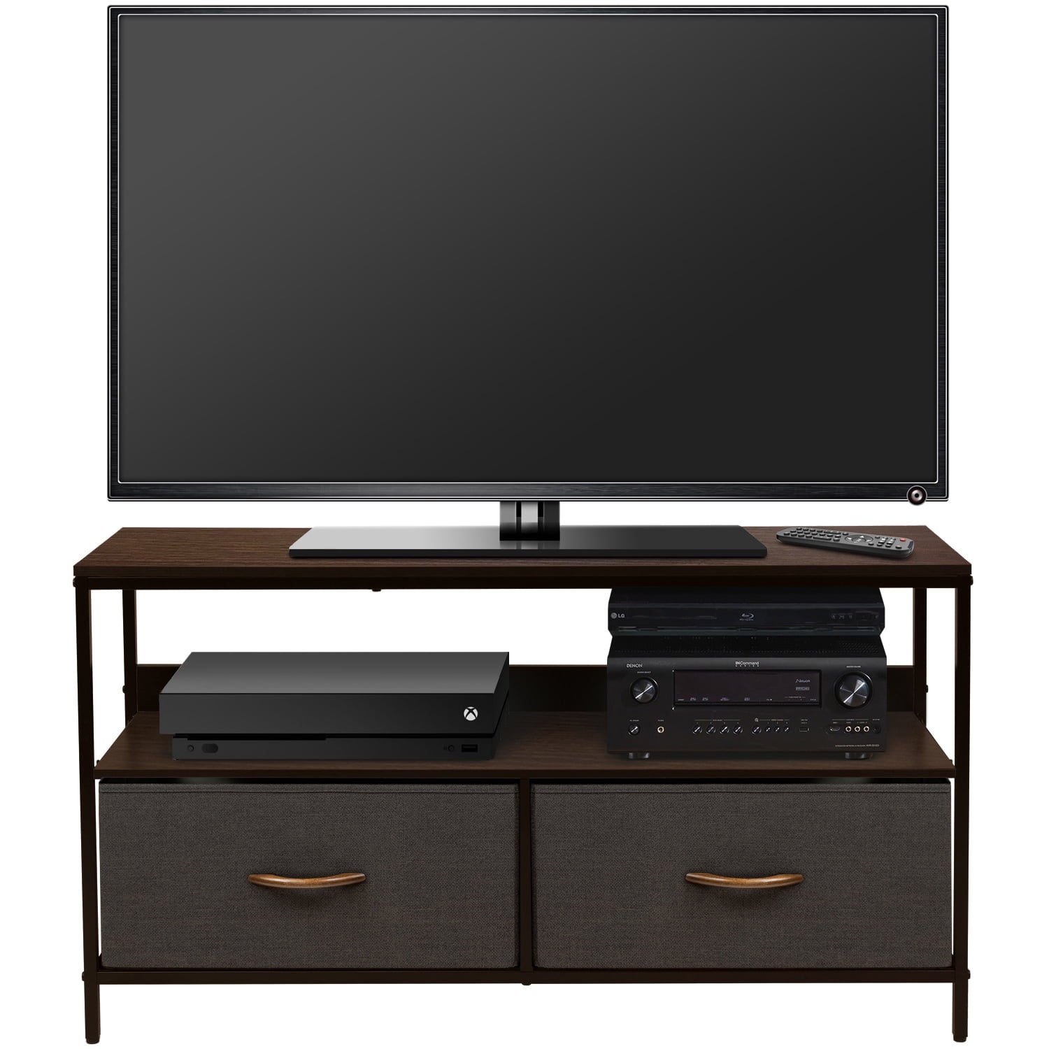 Sorbus Dresser Drawer TV Stand with Fabric Storage Bins, Steel Frame, Wood Top, Brown