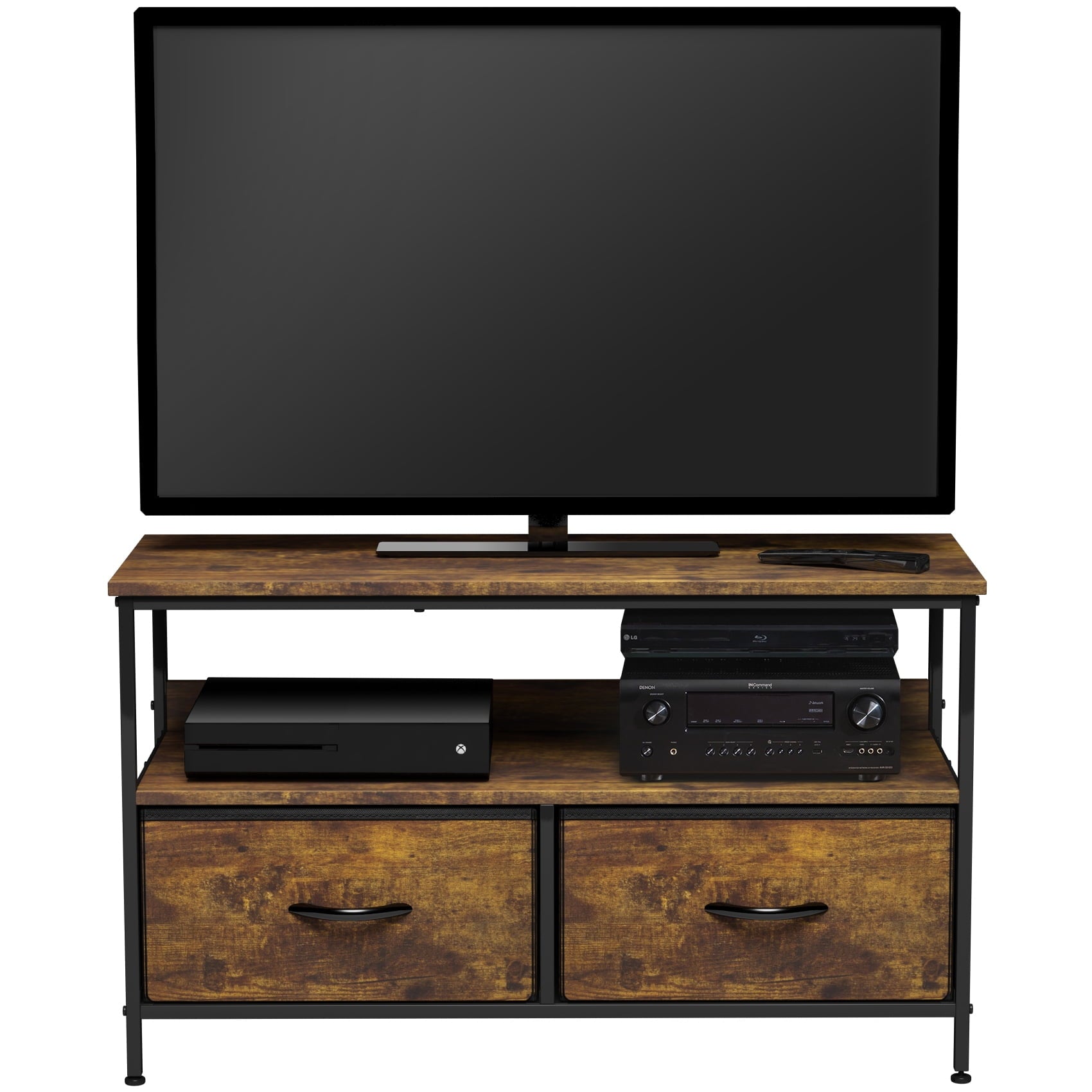 Sorbus Dresser Drawer TV Stand with Fabric Storage Bins, Steel Frame, Wood Top, Black Wood