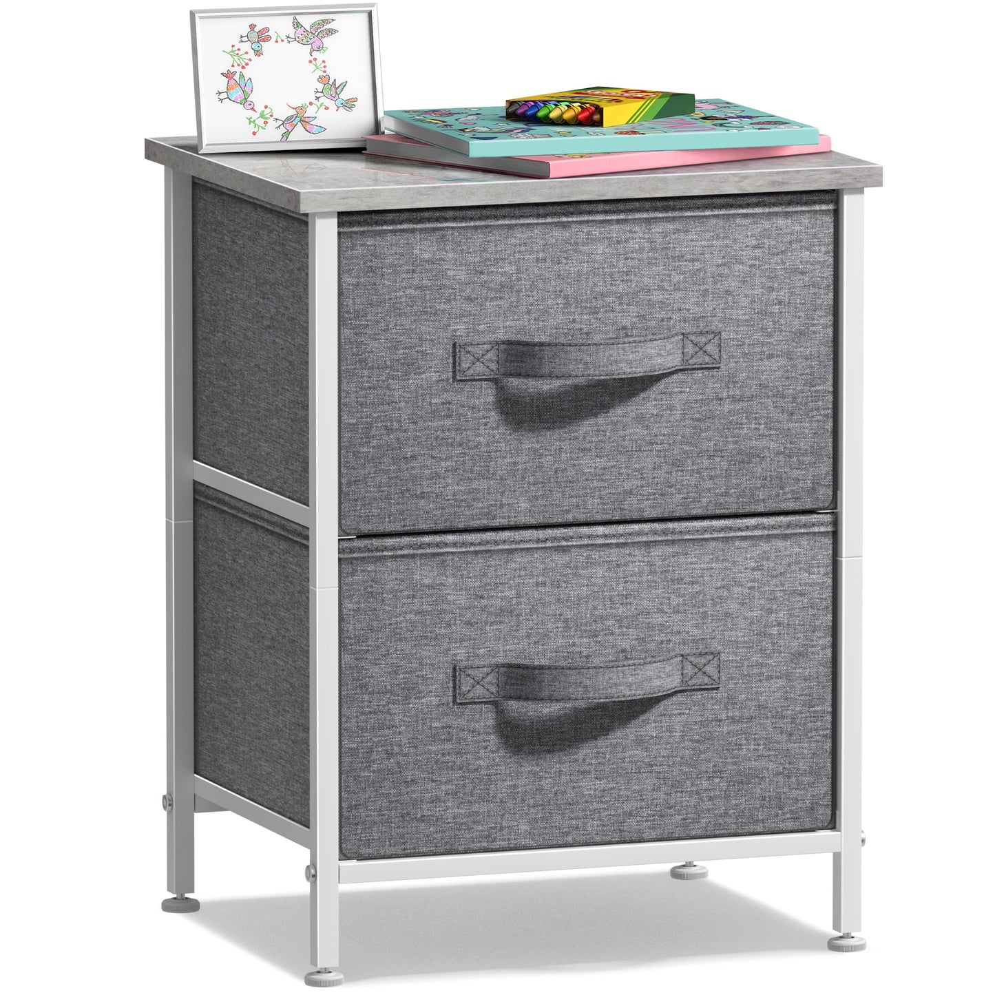 Sorbus Nightstand with 2 Drawers, Steel Frame, Wood Top, Fabric Bins, Gray