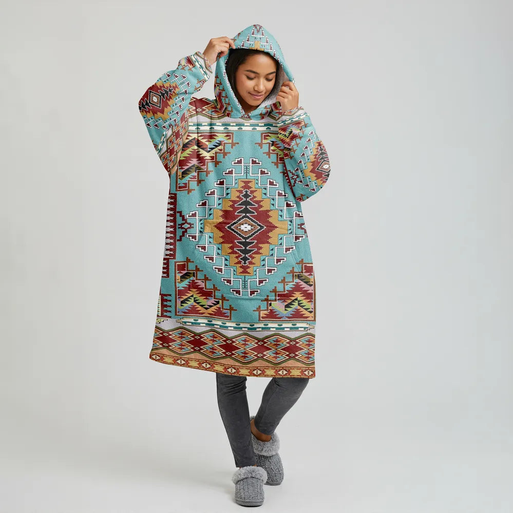 Southwestern Tribal Hooded Blanket, Turquoise & Red Geometric Patter
