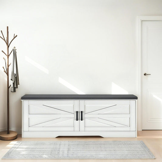 Storage Bench, White 2-Tier Farmhouse Design with Barn Doors, Padded Seat Cushion, and 2 Adjustable Shelves, 39.4 Inch Shoe Bench for Entryway, Bedroom, Living Room