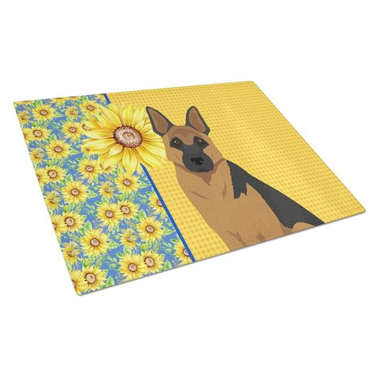 Summer Sunflowers Black and Tan German Shepherd Glass Cutting Board Large 12 in x 15 in