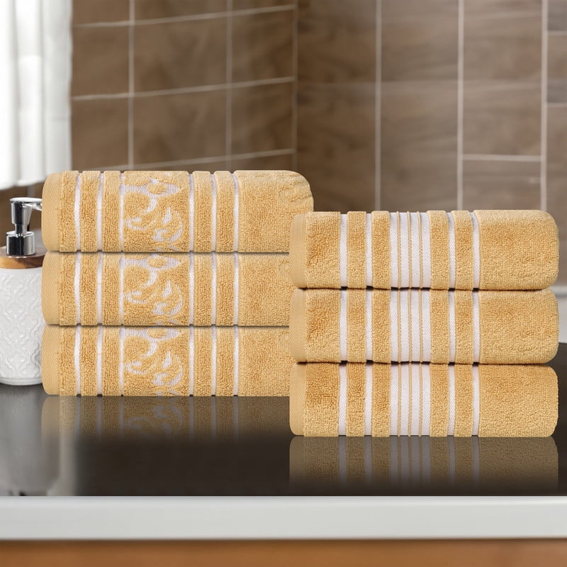 Superior Sadie Zero Twist Cotton Floral Hand Towel Set of 6, Ultra Soft Towels, Gold