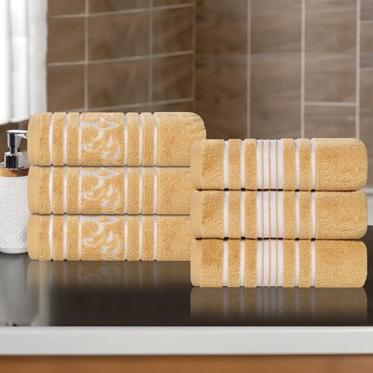 Superior Sadie Zero Twist Cotton Floral Hand Towel Set of 6, Ultra Soft Towels, Gold