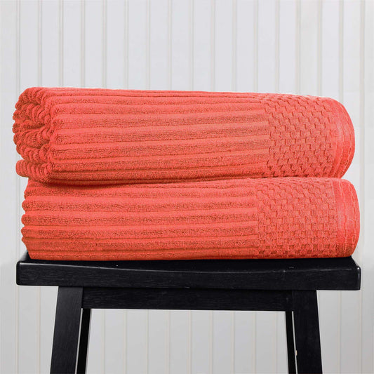 Superior Soho Ribbed Cotton Absorbent Bath Sheet Set of 2, Coral
