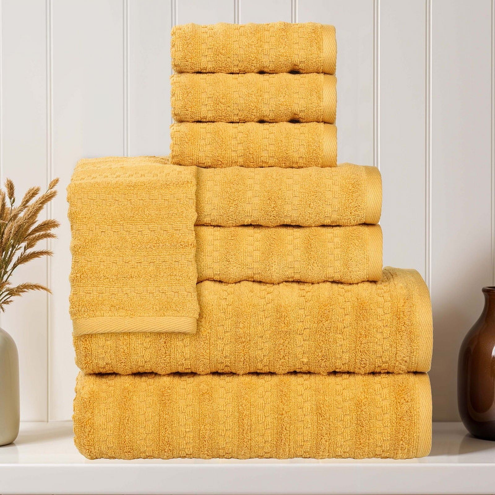 Superior Zuma Waffle Textured Stripes Cotton 8 Piece Towel Set, Zero Twist Absorbent Towels, Gold