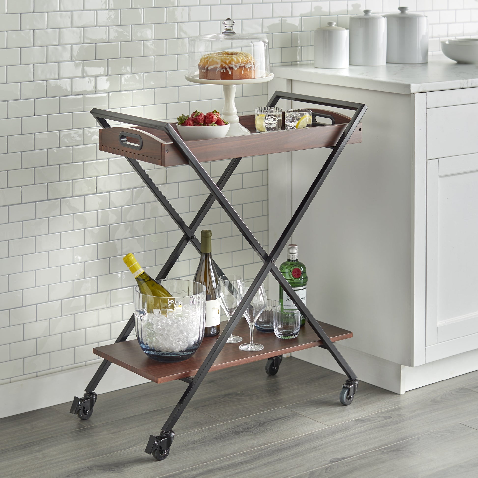 TMS Lester 2-Tier Metal and Wood Bar Cart with Locking Casters, Black/Walnut