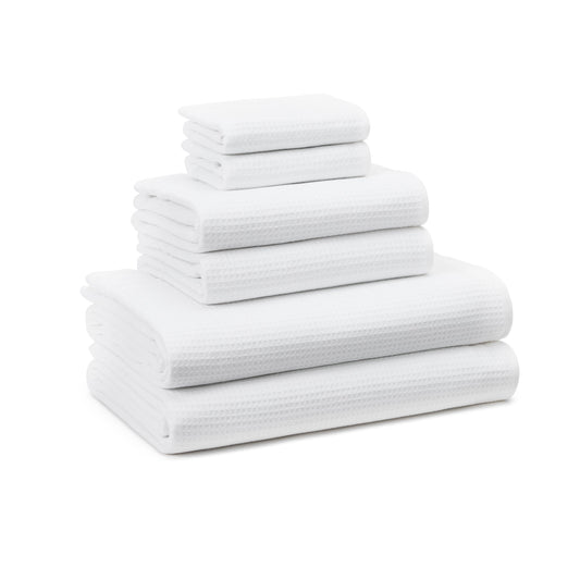 TOWN & COUNTRY BASICS 6-Piece Assorted Waffle Woven Terry Stripe Set, 2 Bath Towel, 2 Hand Towel, 2 Washcloth, 100% Cotton, Quick Dry, White