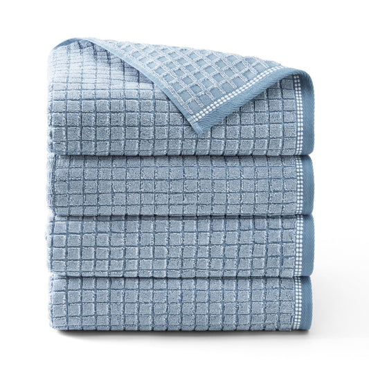 TOWN & COUNTRY EVERYDAY 4-Piece Textured Windowpane Bath Towel Set, 30"x58", 100% Cotton, Plush & Absorbent 550GSM, Blue