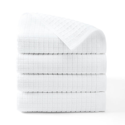 TOWN & COUNTRY EVERYDAY 4-Piece Textured Windowpane Bath Towel Set, 30"x58", 100% Cotton, Plush & Absorbent 550GSM, White