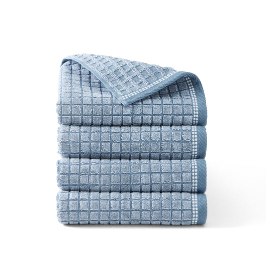 TOWN & COUNTRY EVERYDAY 4-Piece Textured Windowpane Hand Towel Set, 20"x30", 100% Cotton, Plush & Absorbent 550GSM, Blue