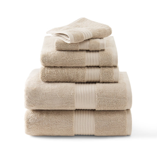 TOWN & COUNTRY EVERYDAY 6-Piece Assorted Solid Dobby Border Set, 2-Bath Towels, 2-Hand Towels, 2-Washcloths, 100% Cotton, Plush & Absorbent 650GSM, Beige