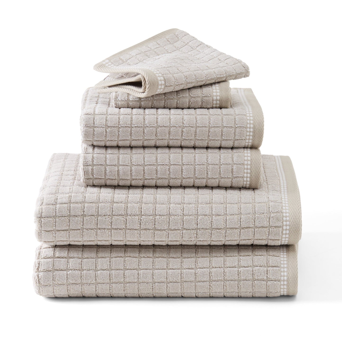 TOWN & COUNTRY EVERYDAY 6-Piece Textured Windowpane Set, 2-Bath Towels, 2-Hand Towels, 2-Washcloths, 100% Cotton, Plush & Absorbent 550GSM, Beige