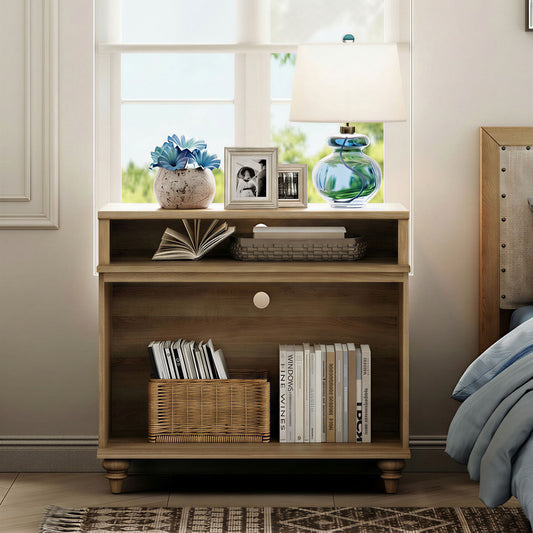 Tall Farmhouse Nightstand, Large Bedside Table Night Stand with Storage Shelf, Wide Sofa Side End Table for Living Room, Bedroom, Oak, 37"
