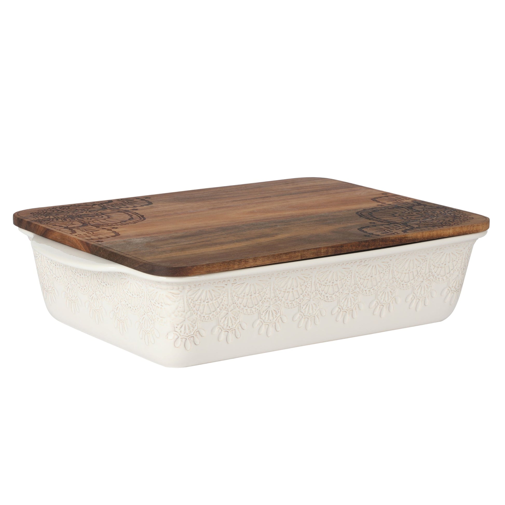 The Pioneer Woman 9" x 13" Vintage Lace Ceramic Casserole Baking Dish with Wood Lid, Linen