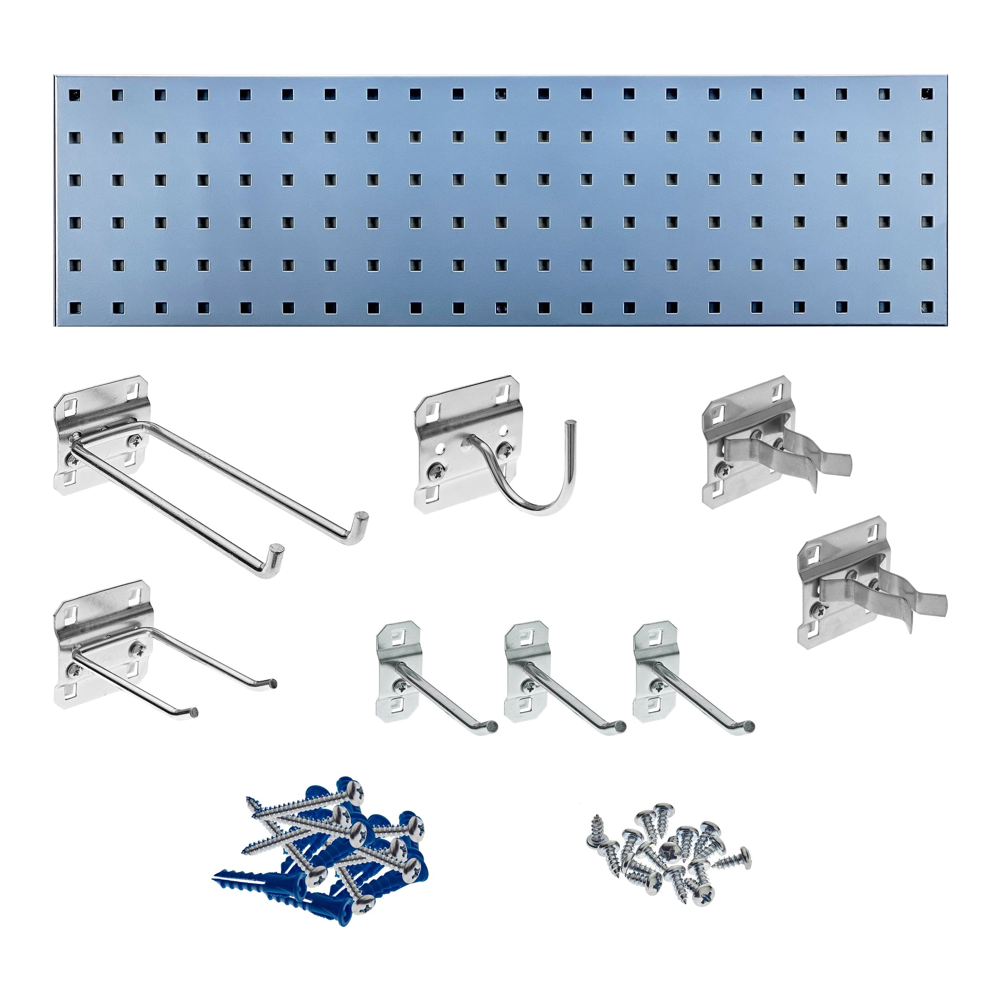 Triton ProductsÂ® Silver Garden Storage Kit with (1) 31.5 In. x 9 In. 18 Gauge Steel Square Hole Pegboard and 8 pc LocHook Assortment