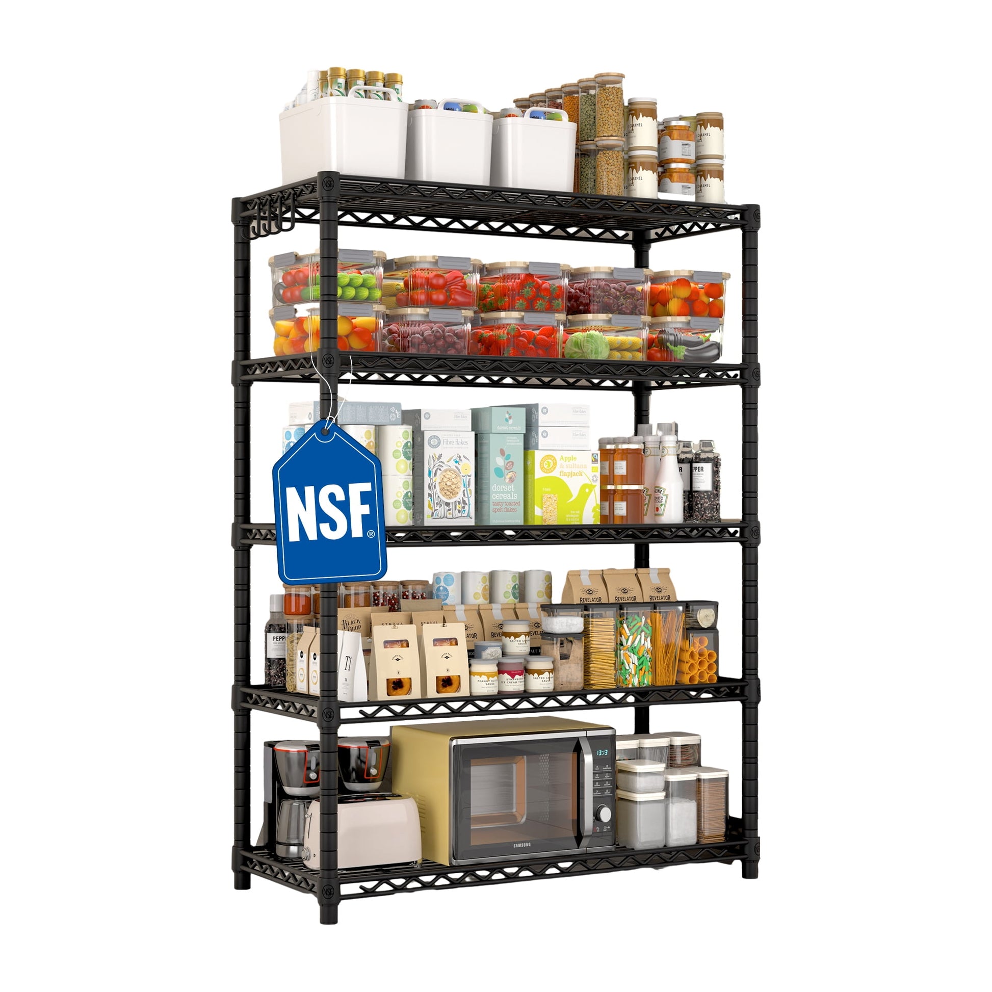TrumanPick Estantes de Almacenamiento de Alambre de 5 Niveles 81"H x 48"W x 24"D Organizador de Despensa Estante de Metal Resistente, Estante de Alambre Ajustable con Ganchos, Unidad de EstanterÃ­a para Garaje de Cocina, Cromo