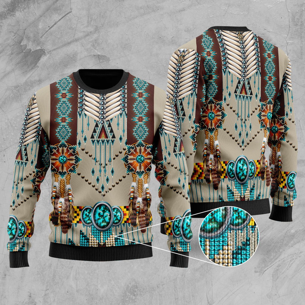 Turquoise Blue Pattern Breastplate Native American Sweater
