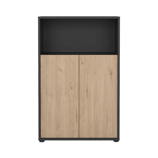 Tvilum Sign 3 Shelf Bookcase with Doors and Adjustable Storage in Matte Grey and Hickory