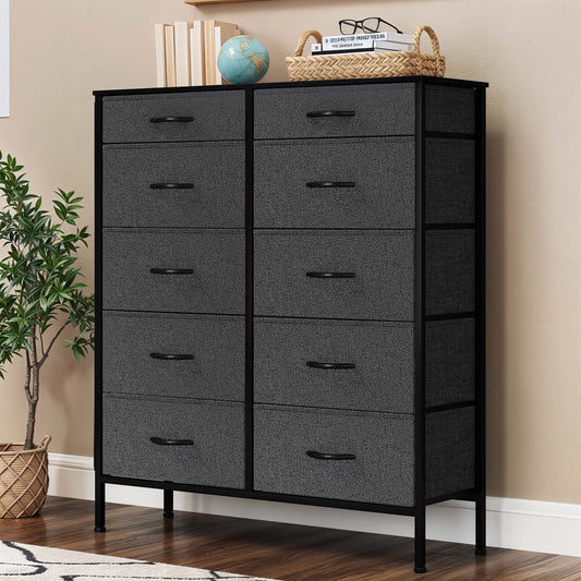 Uforic 10 Drawer Fabric Storag Dresser with Side Pockets, Sturdy Steel Frame, Wooden Top, for , Closets for Adult, Black Ash