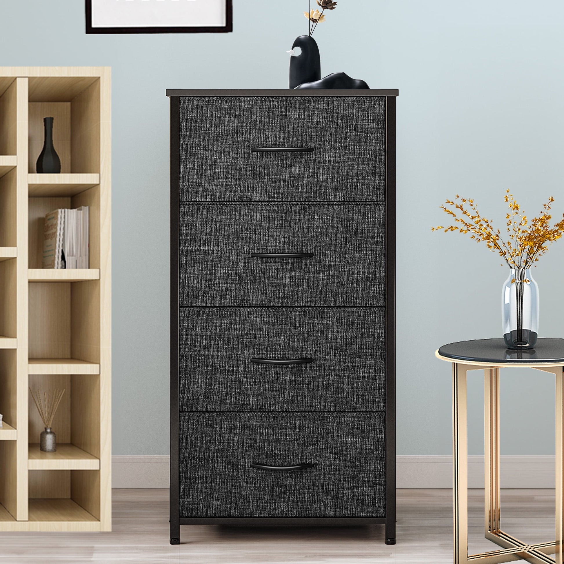Uforic 4 Drawer Dresser Fabric Chest of Drawers Furniture Storage Organizer for Living Room,Bedroom,Hallway,Nursery Black Grey