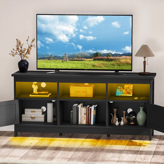 Uforic 59" TV Stand for 65" TV , White Entertainment Center with Storage Cabinets, Open Shelves, 24-Color LED Light Strip & Built-in Power Strip, Black