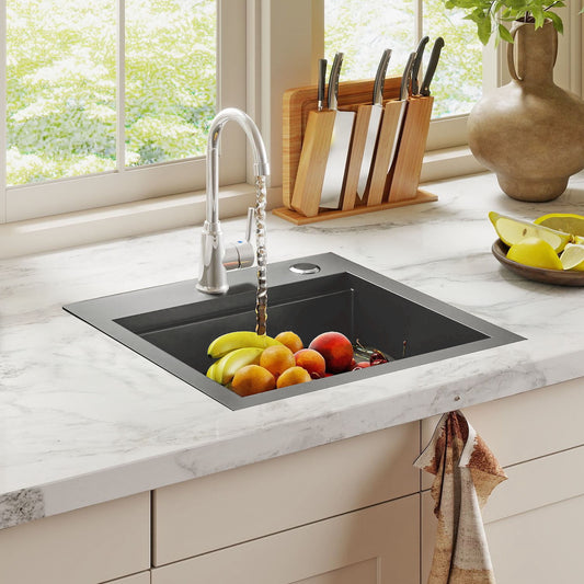 Uforic Drop-in Gunmetal Black Kitchen Sink Workstation with Cutting Board & Accessories, 15x15x9 in