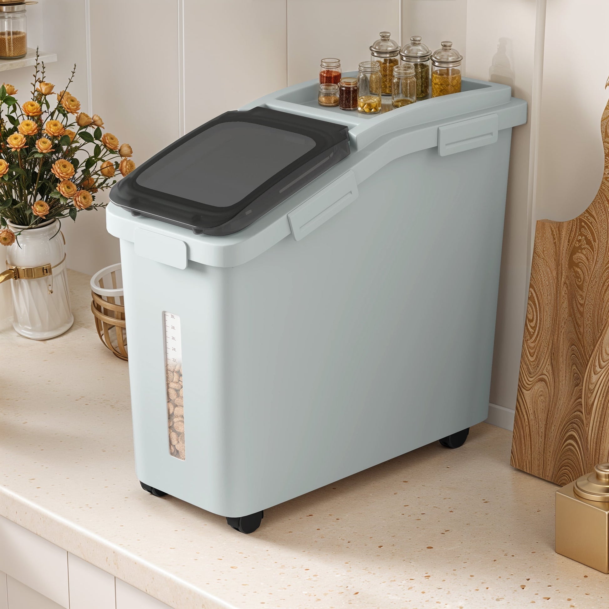 Uforic Rolling Food Storage Container with Clear Lid - 11.4 Gallon Capacity, Gray