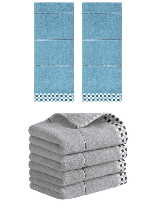 Unique Bargains 14" x 30" Striped Checked Hand Towels Blue/Grey 6