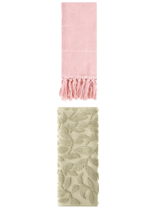 Unique Bargains 2 Pack Absorbent Cotton Hand Towels with Tassels 14"x30" Pink/Green