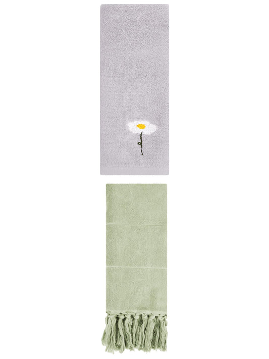 Unique Bargains 2 Pack Cotton Floral Hand Towel Green/Grey 14"x30"/13"x30"