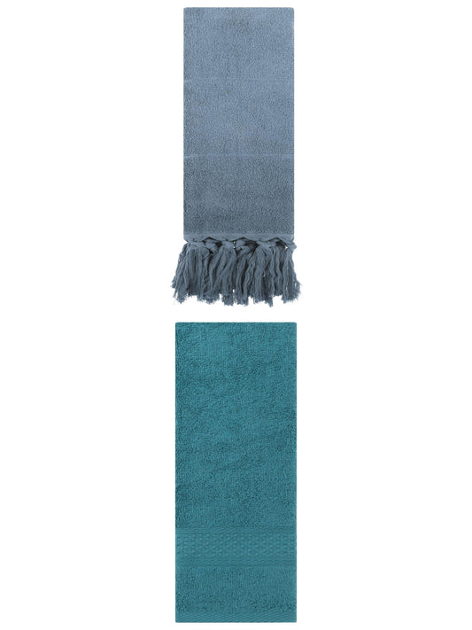 Unique Bargains 2 Packs Textured Tassels Hand Towel Blue/Dark Green 14" x 30"/13" x 30"