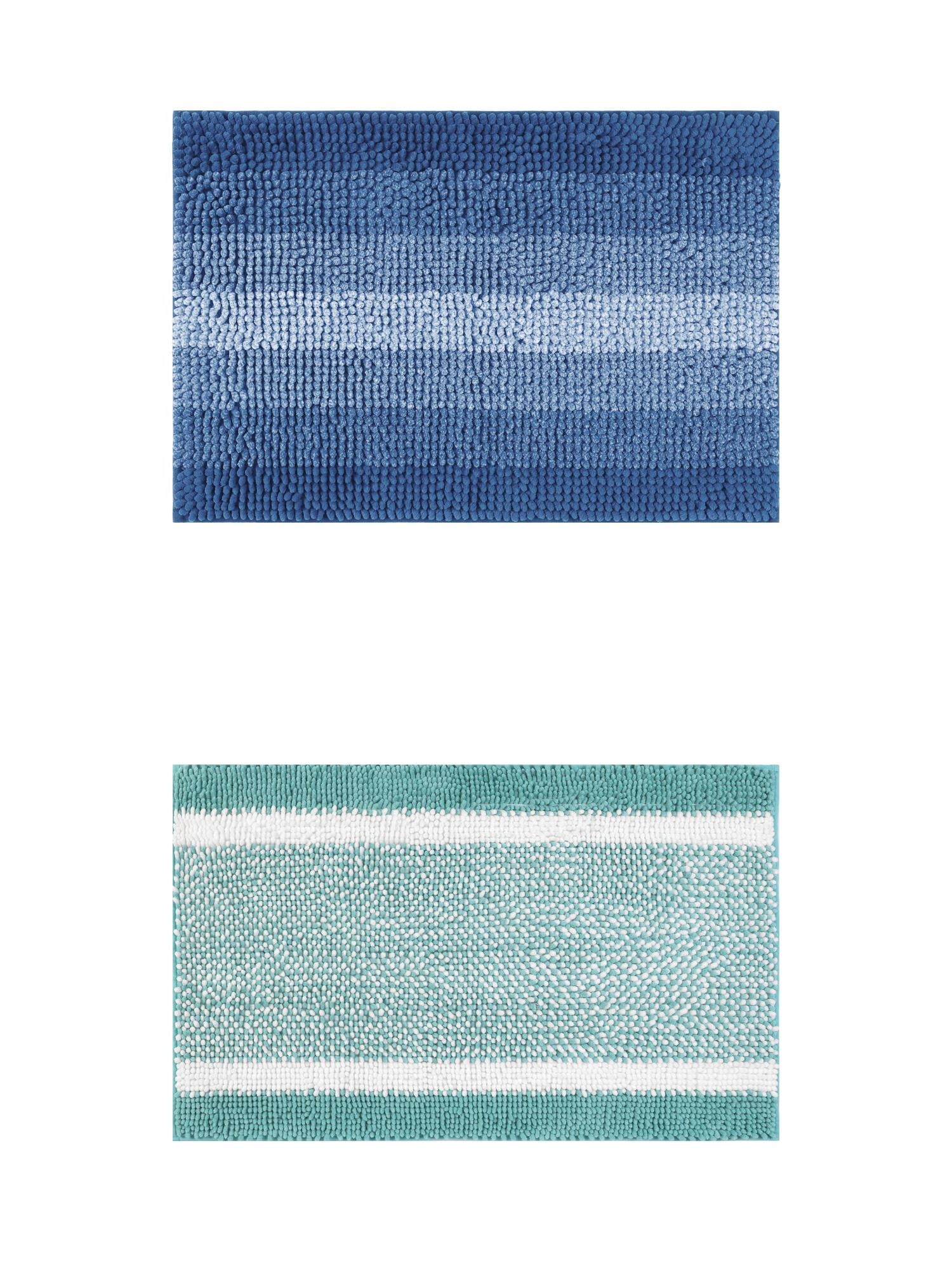 Unique Bargains 2 Pcs Chenille Soft Plush Shaggy Bathroom Rug Navy Blue/Green 16" x 24"