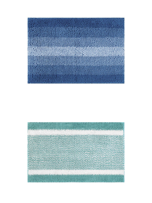 Unique Bargains 2 Pcs Chenille Soft Plush Shaggy Bathroom Rug Navy Blue/Green 16" x 24"