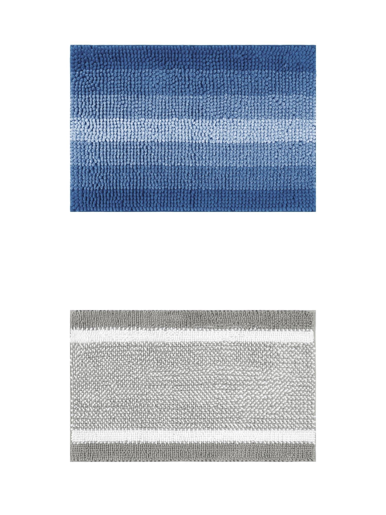 Unique Bargains 2 Pcs Chenille Soft Plush Shaggy Bathroom Rug Navy Blue/Grey 16" x 24"