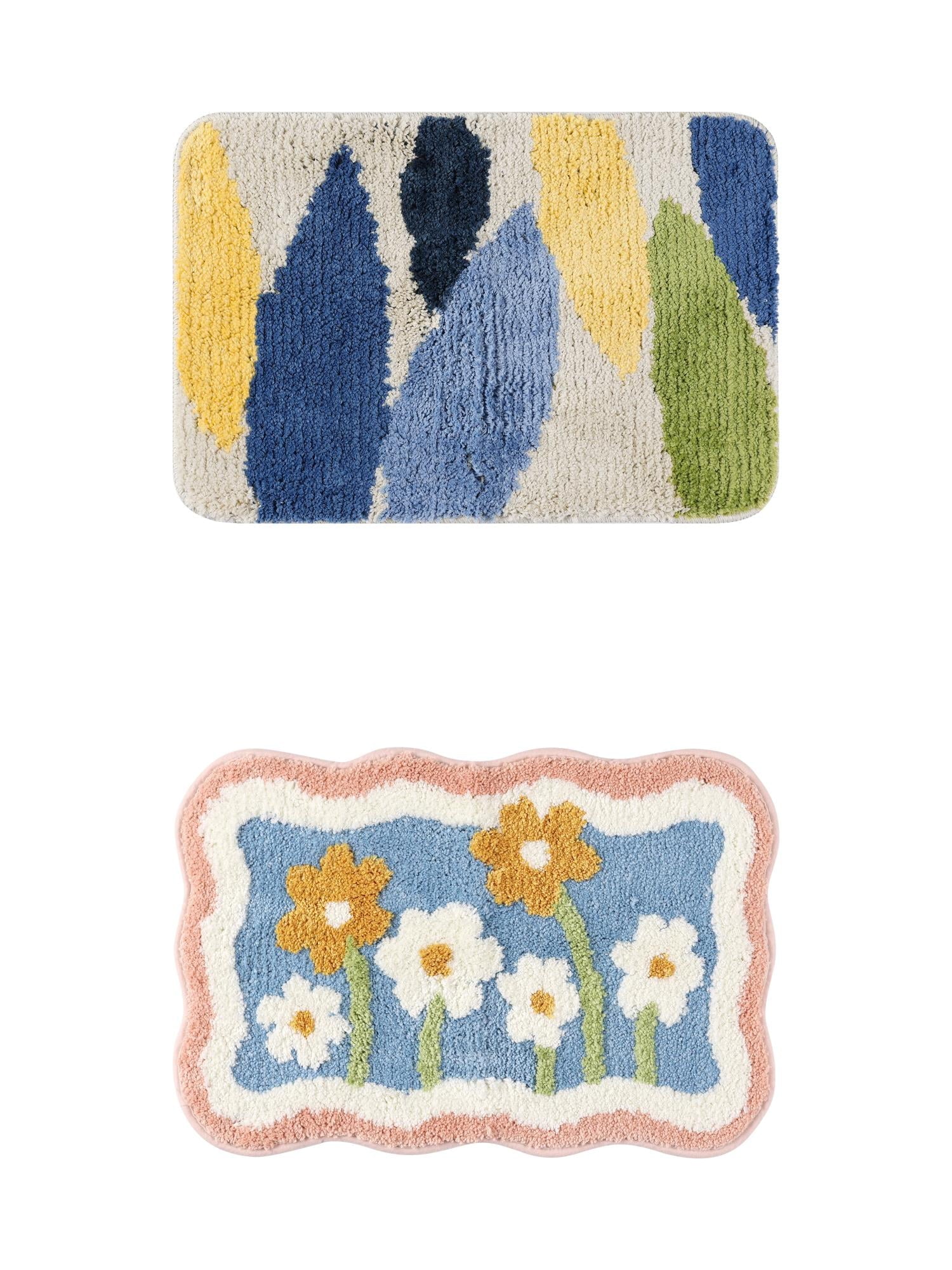 Unique Bargains 2 Pcs Non-Slip Quick Dry Bath Rugs Flower-2/Leaves-3 20" x 32"