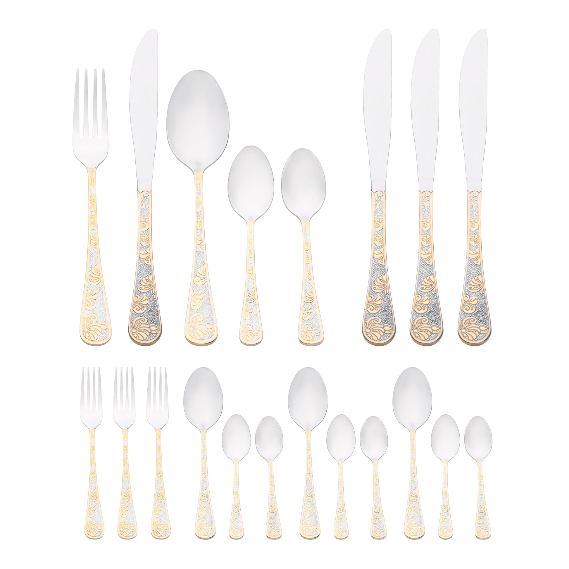 Unique Bargains 20 Piece Silverware Set Stainless Steel Floral Flatware Silver/Gold 20