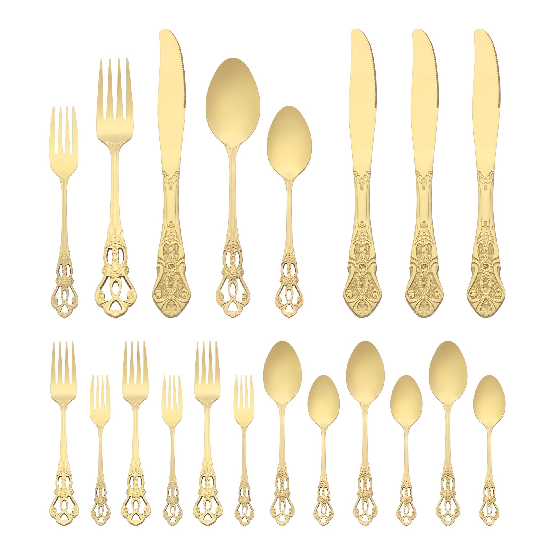Unique Bargains 20 Piece Stainless Steel Floral Flatware Set for Kitchen Eating Tableware Gold 20
