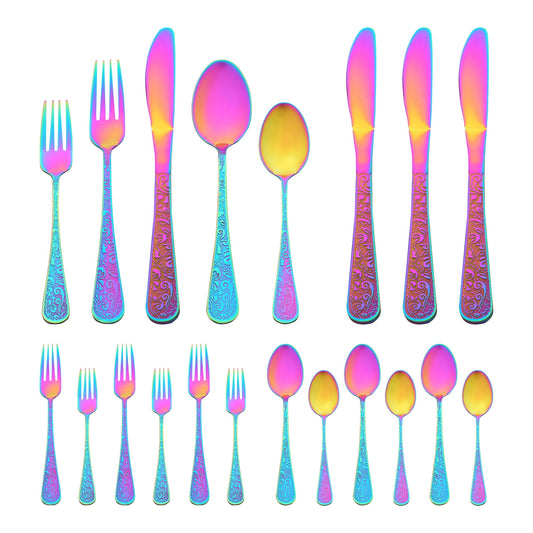 Unique Bargains 20 Pieces Stainless Steel Flatware Set Mirror Polished Cutlery Colorful