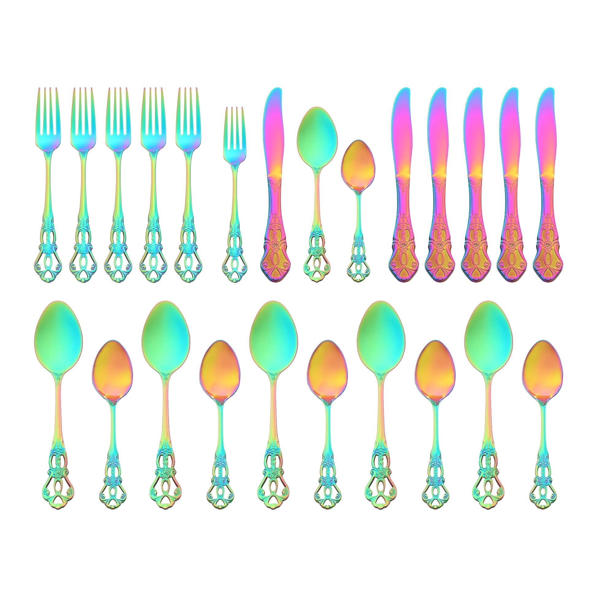 Unique Bargains 24 Pcs Silverware Set Stainless Steel Floral Flatware Set Colorful