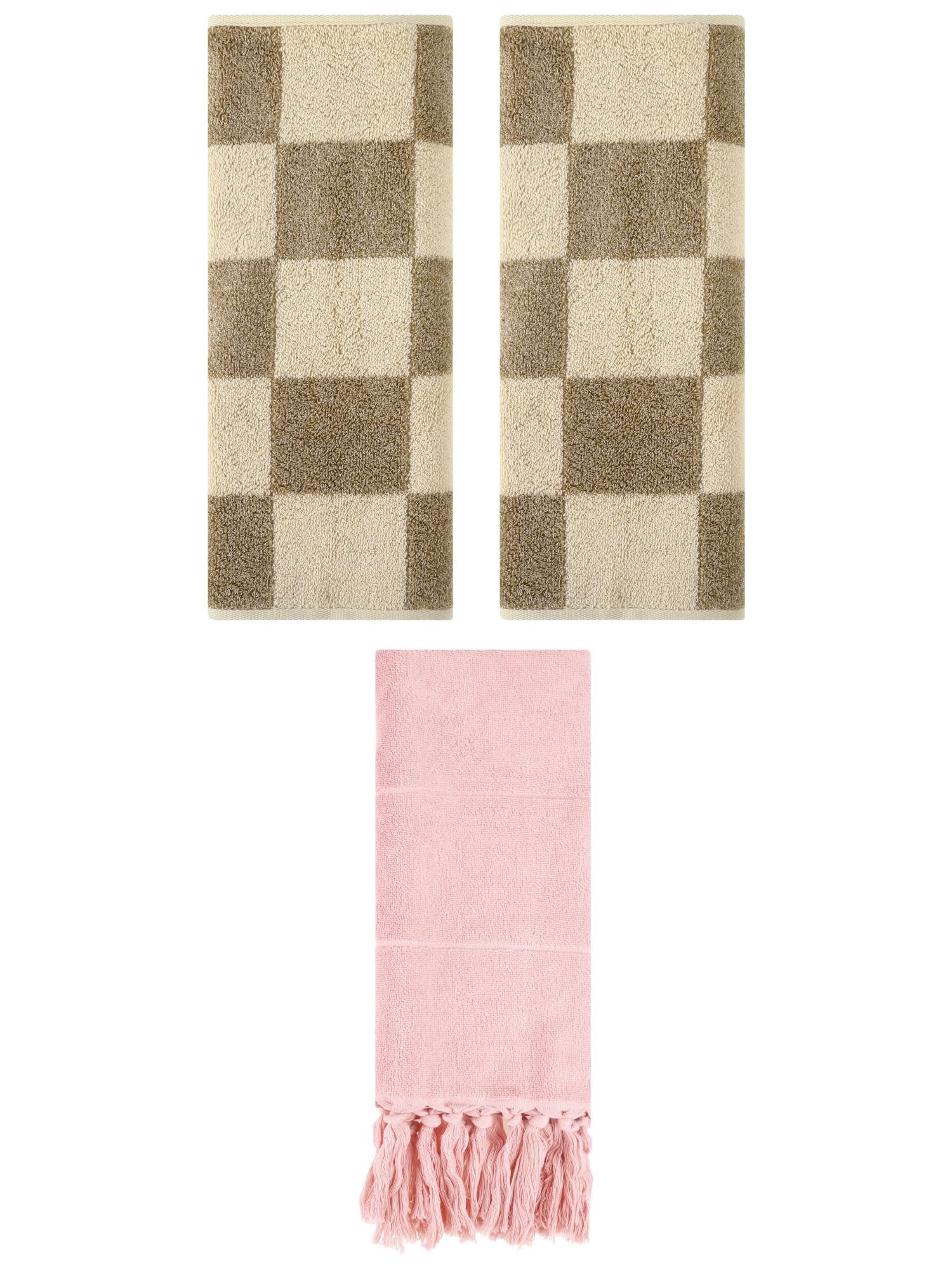 Unique Bargains 3 Pack Checkered Tassels Hand Towel Pink/Brown 14"x30"/14"x28"