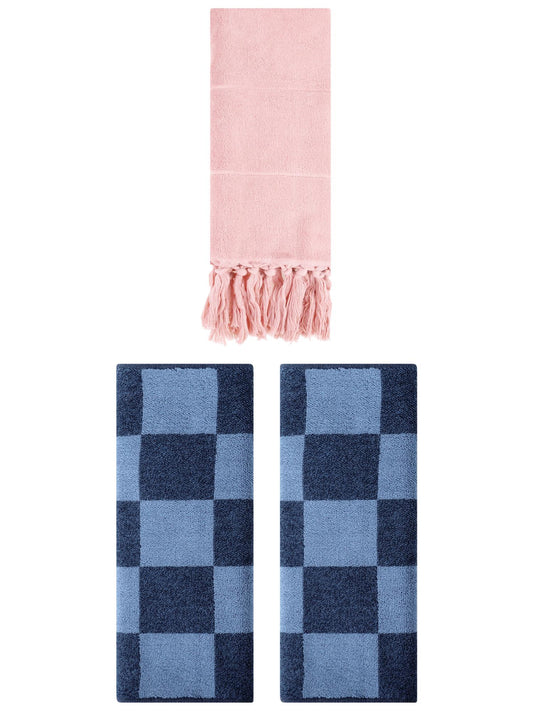 Unique Bargains 3 Pack Checkered Tassels Hand Towel Pink/Dark Blue 14"x30"/14"x28"