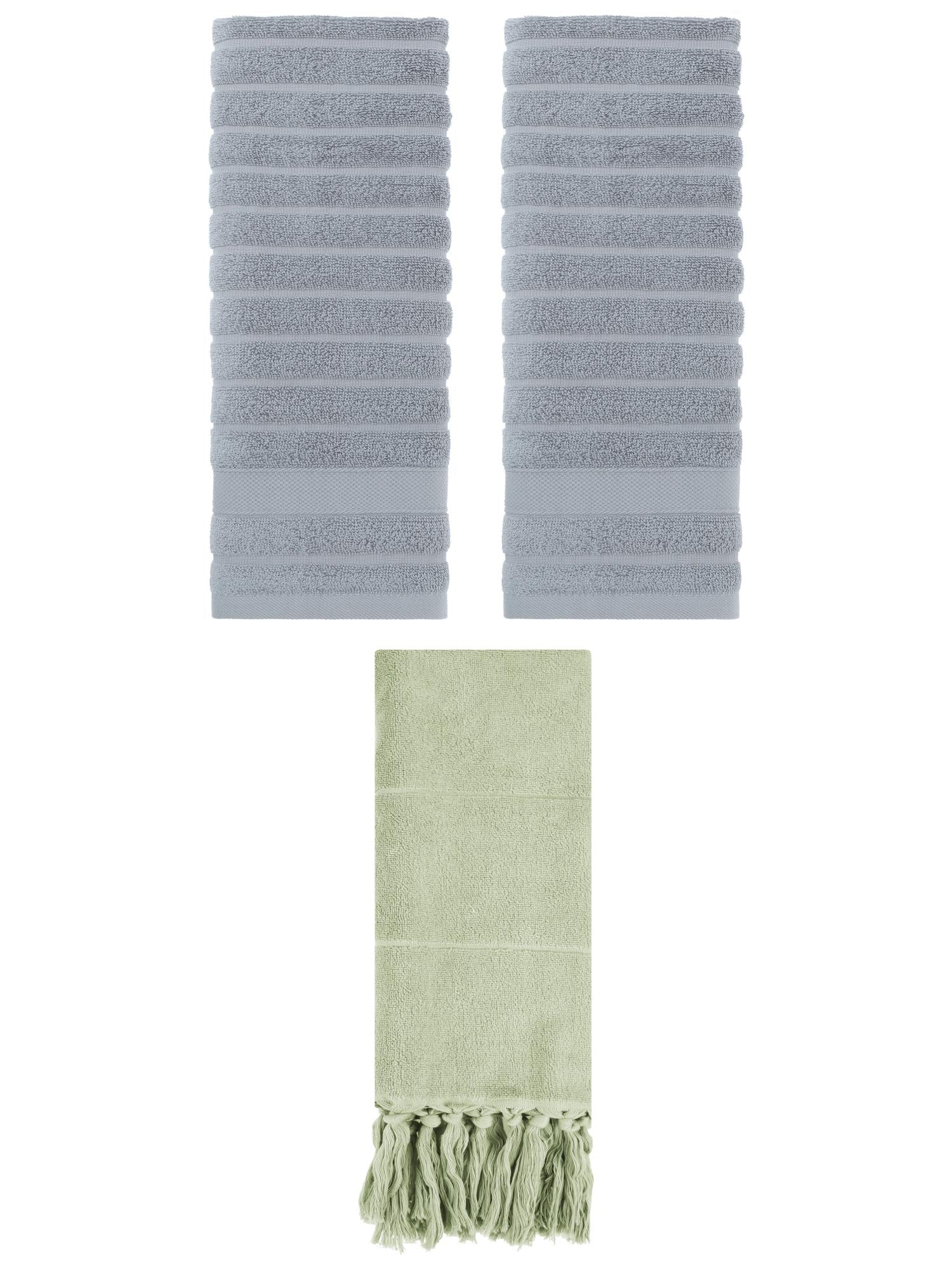Unique Bargains 3 Pack Cotton Bathroom Hand Towels 14" x 30" Green/Grey