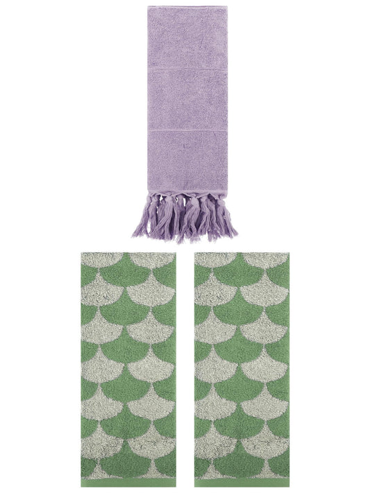 Unique Bargains 3 Pack Cotton Geometric Solid Hand Towel Purple/Green 14"x30"/13"x29"