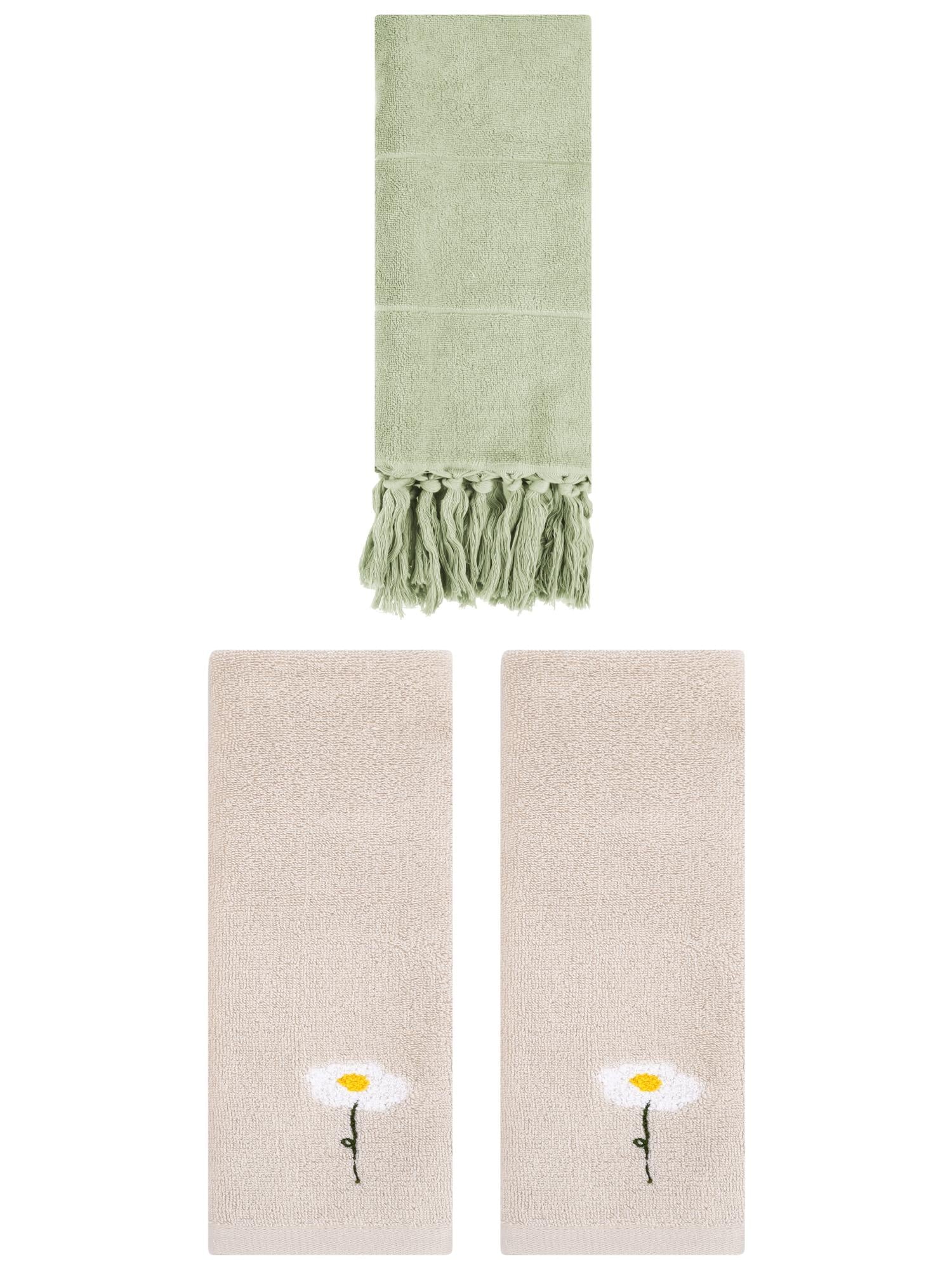 Unique Bargains 3 Pack Floral Solid Hand Towels Green/Light Brown 14"x30"/13"x30"