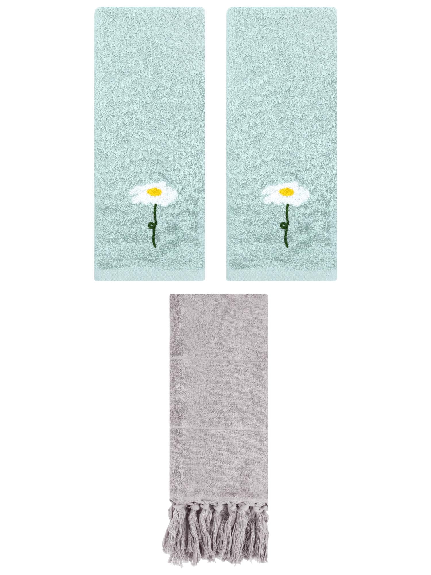 Unique Bargains 3 Pack Floral Solid Hand Towels Grey/Blue 14"x30"/13"x30"