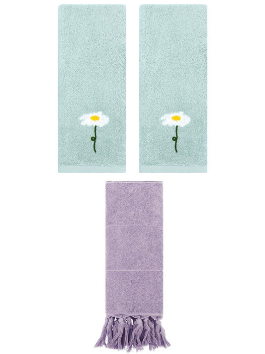 Unique Bargains 3 Pack Floral Solid Hand Towels Purple/Blue 14"x30"/13"x30"