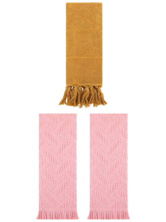 Unique Bargains 3 Pack Soft Boho Turkish Hand Towels Yellow/Pink 14"x30"/13"x29"
