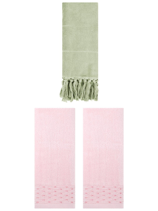 Unique Bargains 3 Pack Solid Cotton Bathroom Hand Towel 14" x 30" Green/Pink