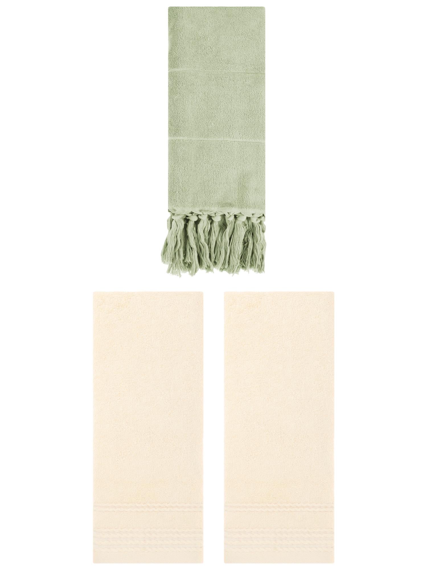 Unique Bargains 3 Pack Solid Tassels Bathroom Hand Towels 14" x 30" Green/Beige